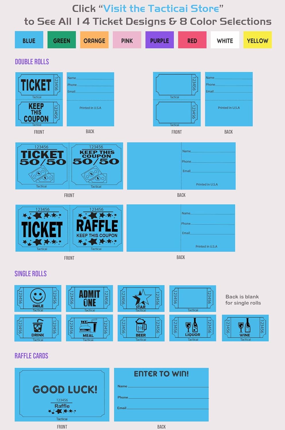 Tacticai 500 Raffle Tickets, White (1 of 8 Colors), Double Roll, Ticket for Events, Entry, Class Reward, Fundraiser & Prizes