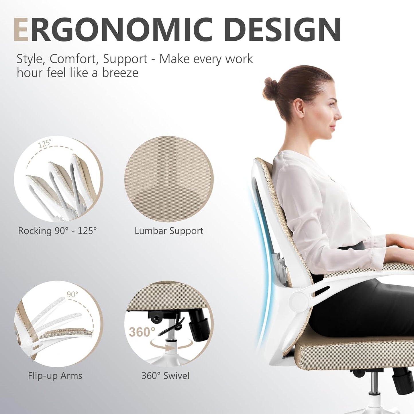 Office Chair, Ergonomic High Back Comfy Desk Chairs and Flip-up Armrest Lumbar, Swivel Tilt Function Backrest Computer Chair,PU Rolling Wheels Capacity 350LBS (Khaki)