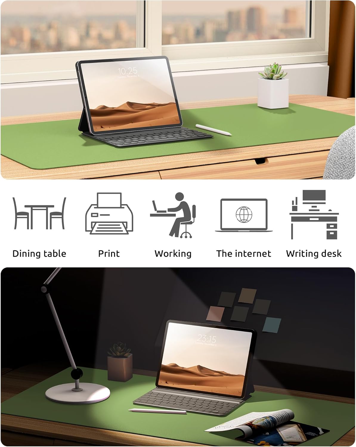 YSAGi Leather Desk Protector, Office Mat, Large Mouse Mat, Non-Slip PU Leather Blotter, Laptop Desk Pad, Waterproof Writing Pad for Office and Home (Leaf Green, 35.4" x 17")