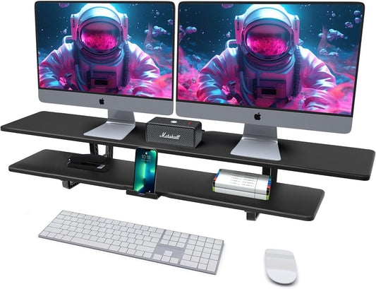 Dual Monitor Stand, 2-Tier Wood Monitor Riser with Storage Organizer and Cable Management, Black