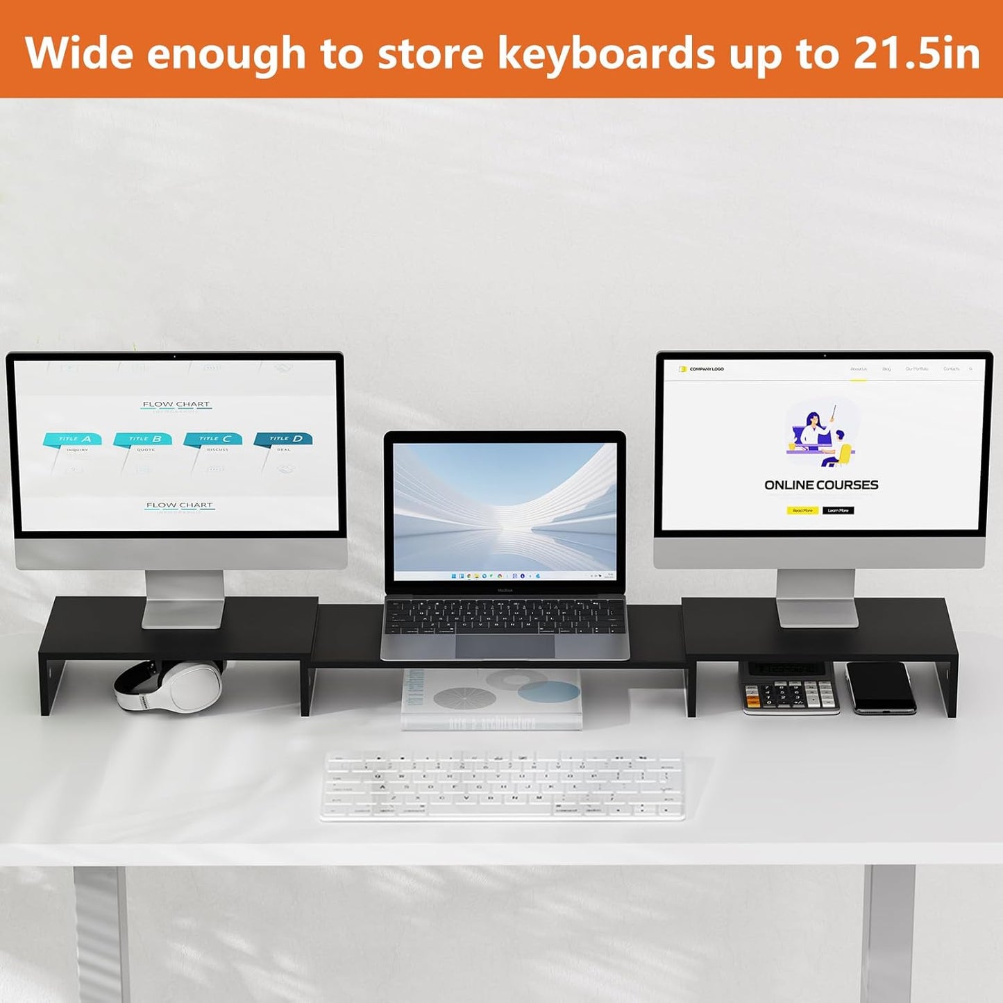 Triple Monitor Stand Riser, Extra Long Monitor Riser for 1~2~3 Monitors, Dual Monitor Stand with Length and Angle Adjustable, 3 Shelf Monitor Stand for Desk