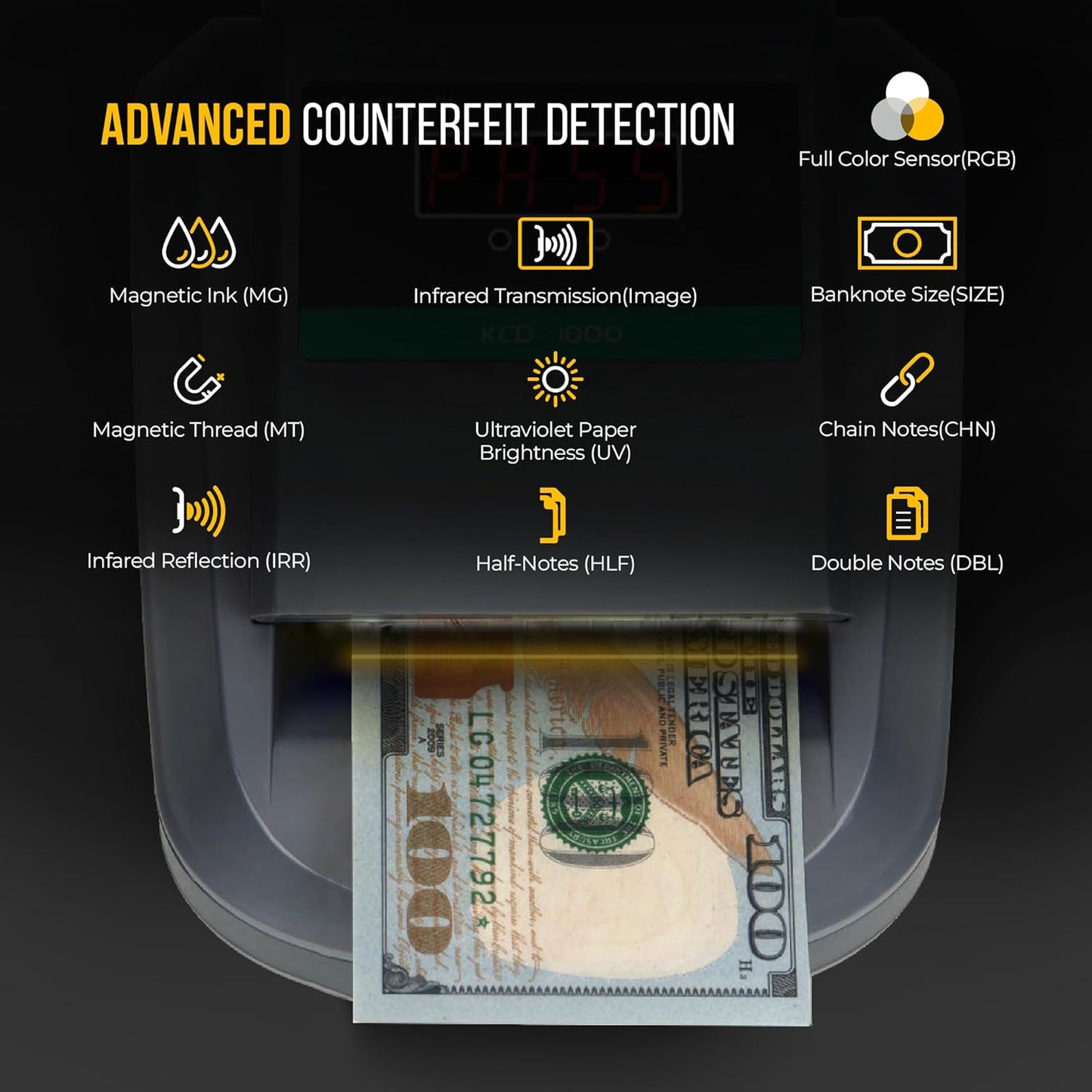 Kolibri KCD-1000 4-Way Orientation Portable Fake Currency Reader and Counterfeit Bill Detector with UM, Magnetic, Infrared Counterfeit Money Detector, Easy Pass/Fail Indicator (KCD-1000)