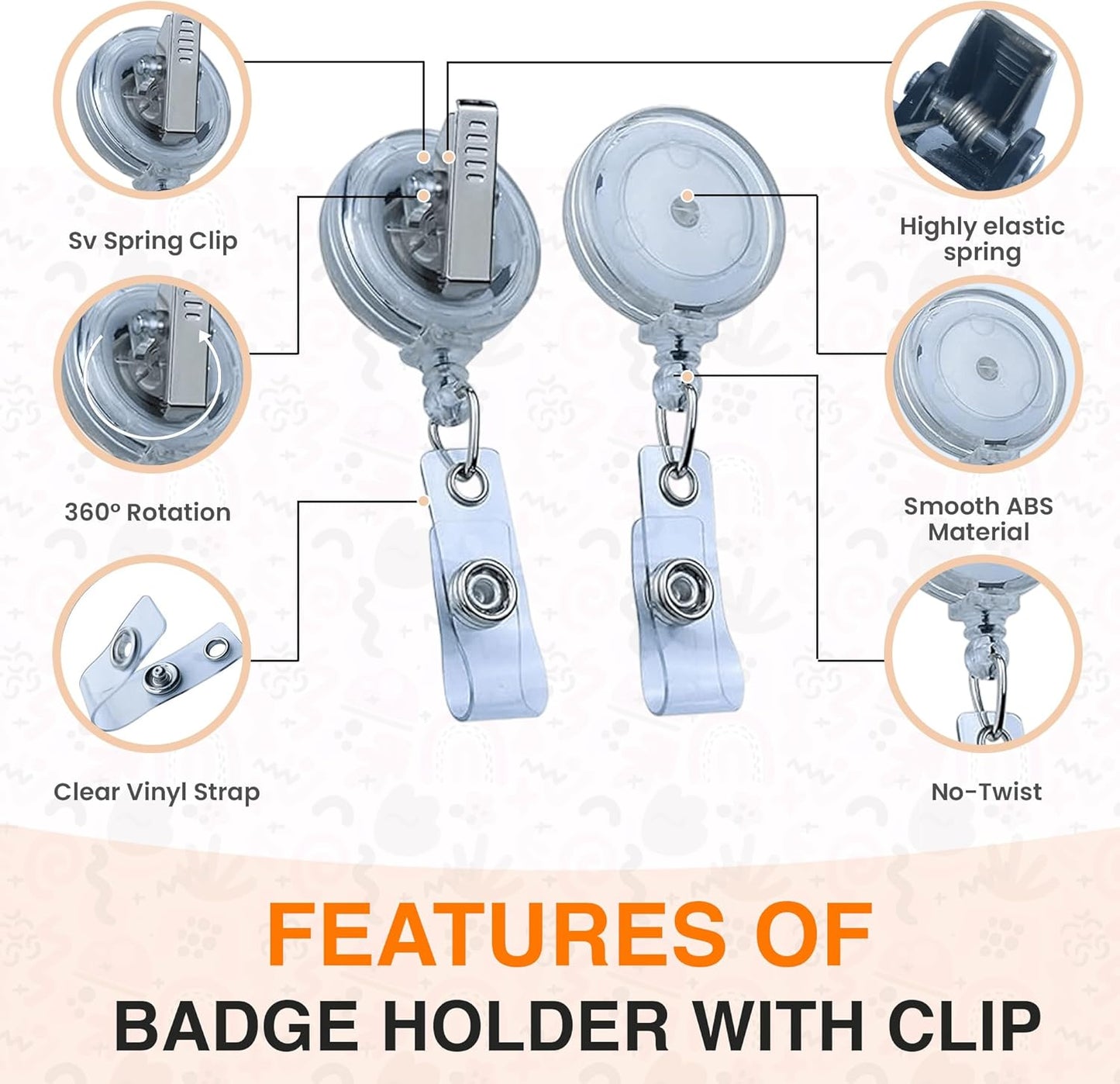 25 Pack Badge Reels Retractable Badge Holder with Clip, ID Badge Reel, Retractable Clip with Clear Vinyl Strap & Alligator Swivel, No Twist Dispenser (Clear)