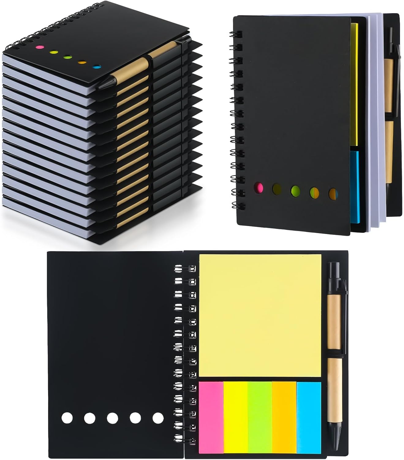 Qilery 10 Pack Lined Spiral Notebook Small Notepad and Pen Set Steno Pads Lined Notepad Black Pocket Notebook for Business Office School Supplies