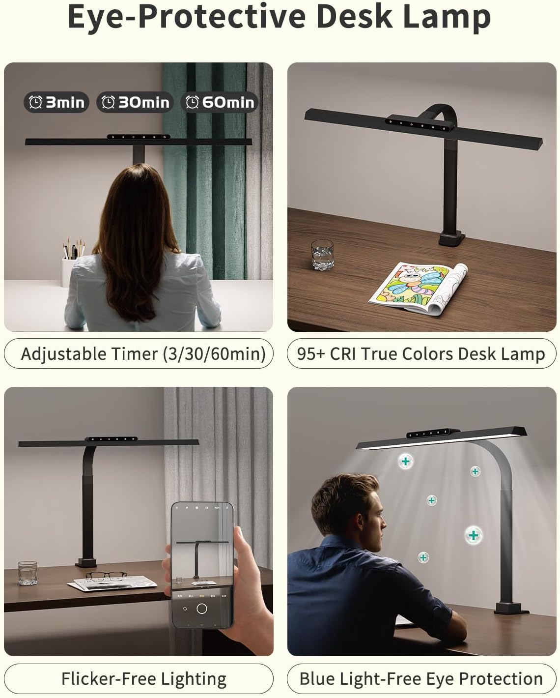LED Desk Lamps for Home Office, 24W Bright Eye-Caring Light with Clamp, Stepless Dimming Adjustable Flexible Gooseneck Clip on Desk Office Lamp with Adapter for Reading, Study, Workbench,Black