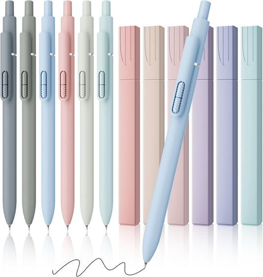 JIMMIDDA- 12 Pack Gel Pens, 0.7mm Black Ink Fine Point Smooth Writing with Aesthetic Highlighters, Quick-dry Long-lasting Pens Set for Journaling School Office Supplies(6 Pens + 6 Highlighters)