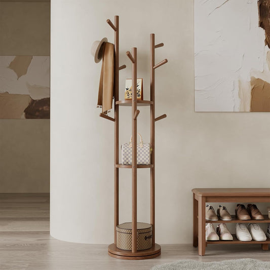 Solid Wood Rotary Coat Rack, Freestanding Coat Rack with 3 Shelves and 9 Hooks, Coat tree for Bedroom, Entryway, Livingroom, Coat Hanger Stand for Coats, Scarves, Handbags (Walnut)