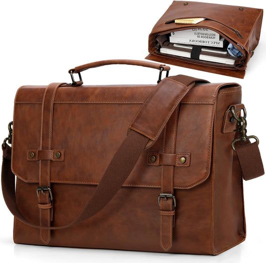 RAINSMORE Mens Messenger Bag 17 Inch Waterproof Vintage Leather Laptop Briefcase Large Laptop Bag Satchel Bag Computer Shoulder Bag for Office Business Travel College,Brown