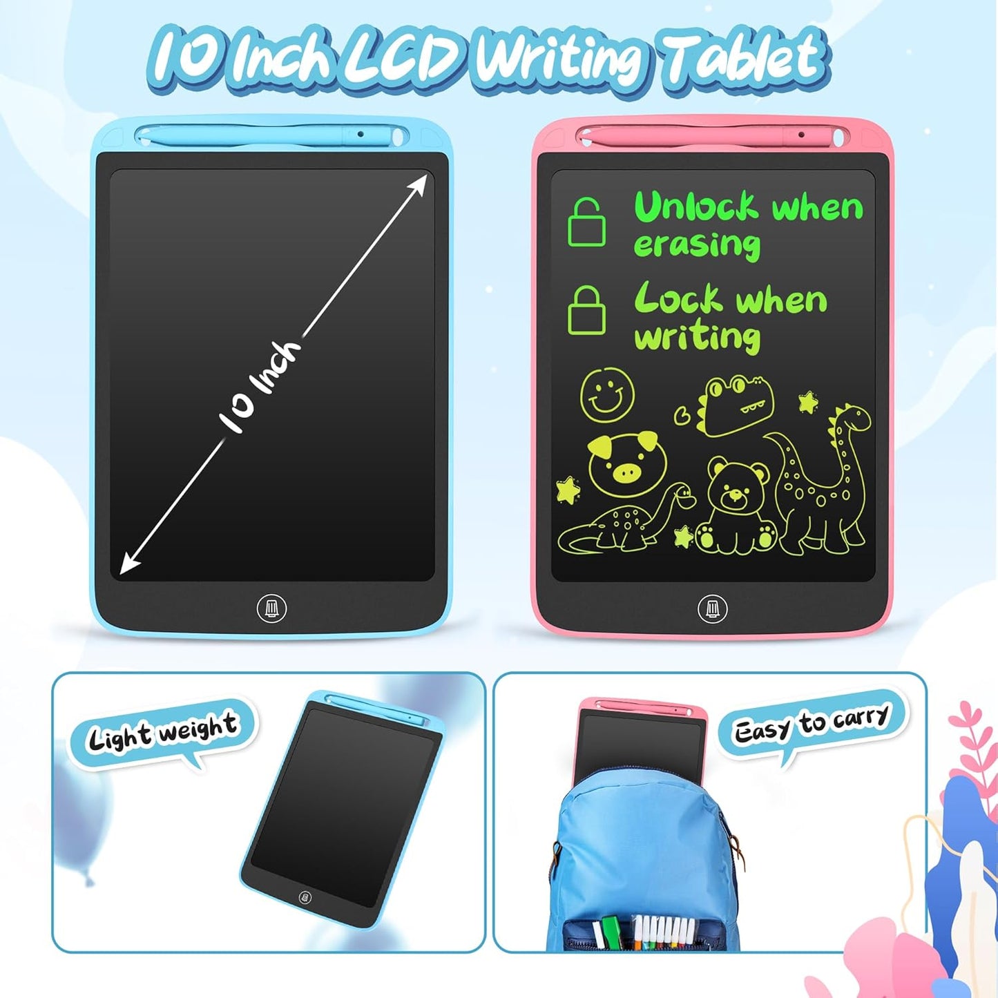 LCD Writing Tablet for Kids 10 Inch, 2 Pack Colorful Doodle Board for 3 4 5 6 7 8 9 10 Year Old Kids, Sensory Toys Educational Erasable Sketch Pad Toys for Toddler Girls Boys Learning (Blue+Pink)