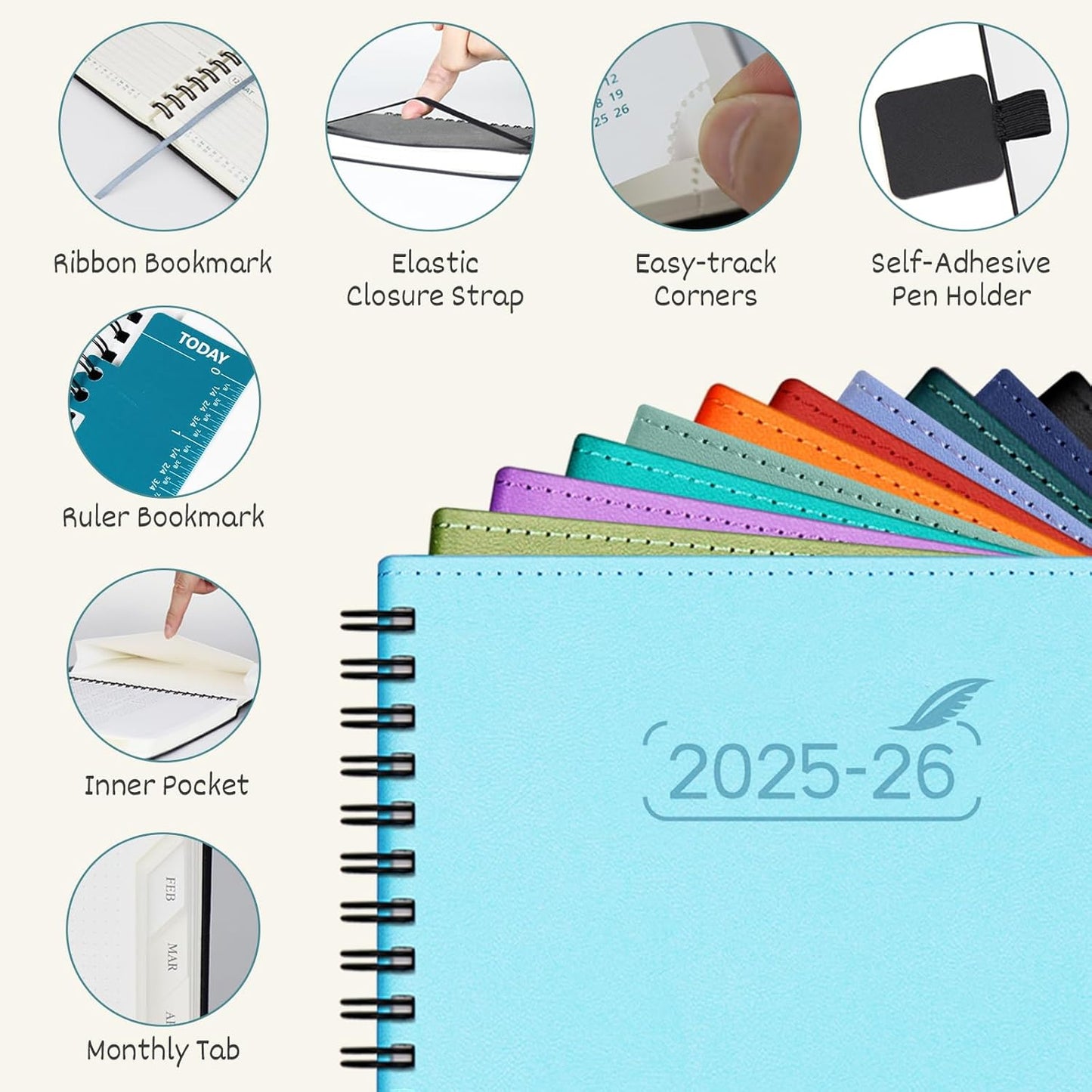 BEZEND Planner 2025-2026 Weekly and Monthly, 8.5" x 11" Academic Calendar (Jul 25-Dec 26) Vertical Daily Appointment with Hourly Timeslot & Monthly Tab, Spiral, PU Leather Softcover - Blueberry