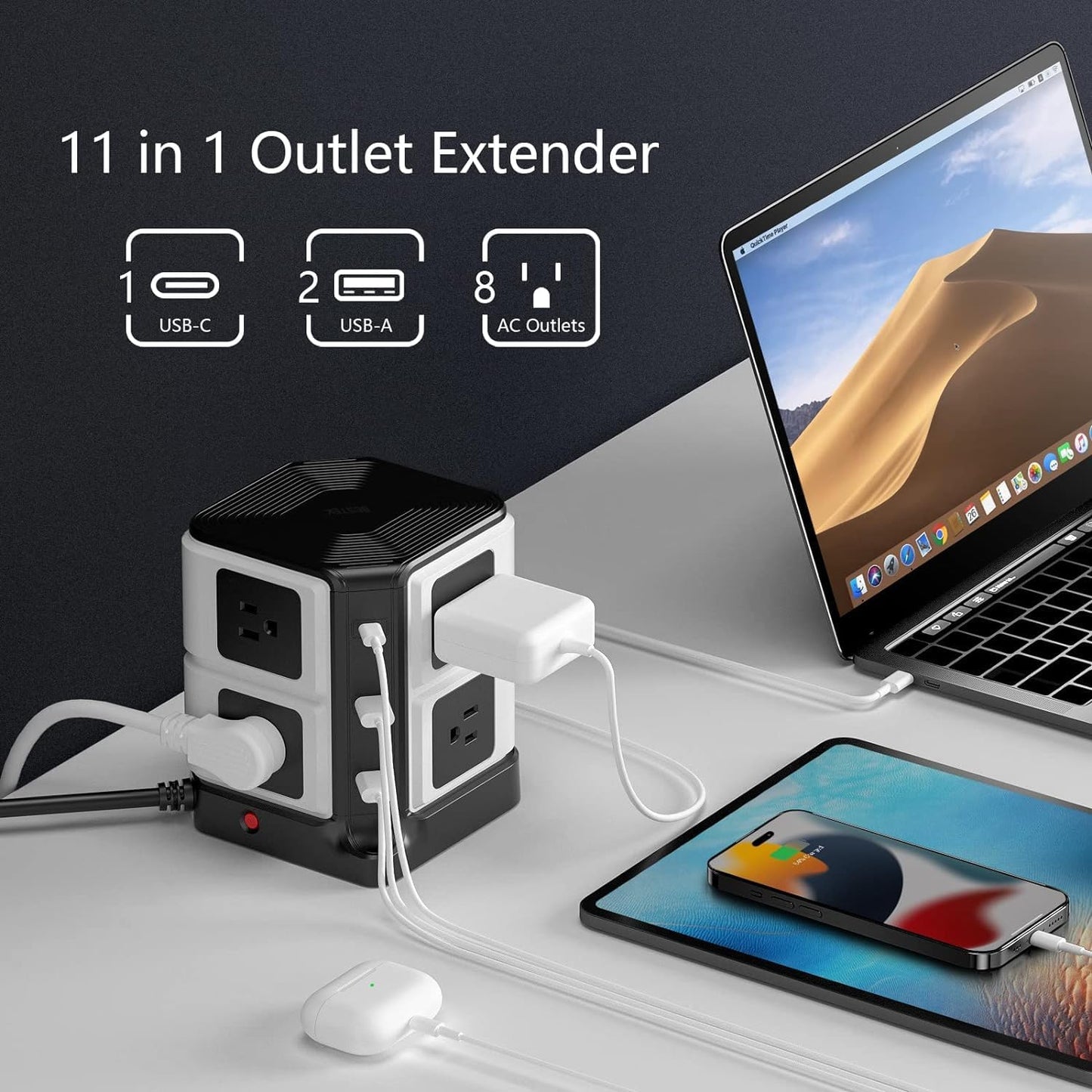 Power Strip Tower with PD20W USB C, BESTEK 8-Outlet and USB Charging Ports 2100 Joules Surge Protector, 5 Feet Extension Cord Flat Plug ETL Listed