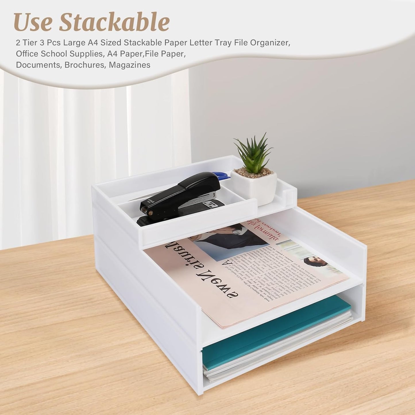 Stackable Letter Tray, 3 Pcs A4 Paper Tray, Desk Document File Organizer Set, Plastic Desk Paper Tray Organizer for A4 Paper Magazine, Receipts, Office Supplies,White