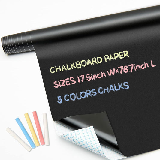 Chalkboard Contact Paper Roll - 17.3” x 78.7” (6.5 Feet) - 5 Chalks Included - Self Adhesive Chalk Paper Removable DIY Blackboard Wall Sticker for School, Office, Home, Art - Black Chalkboard Stickers