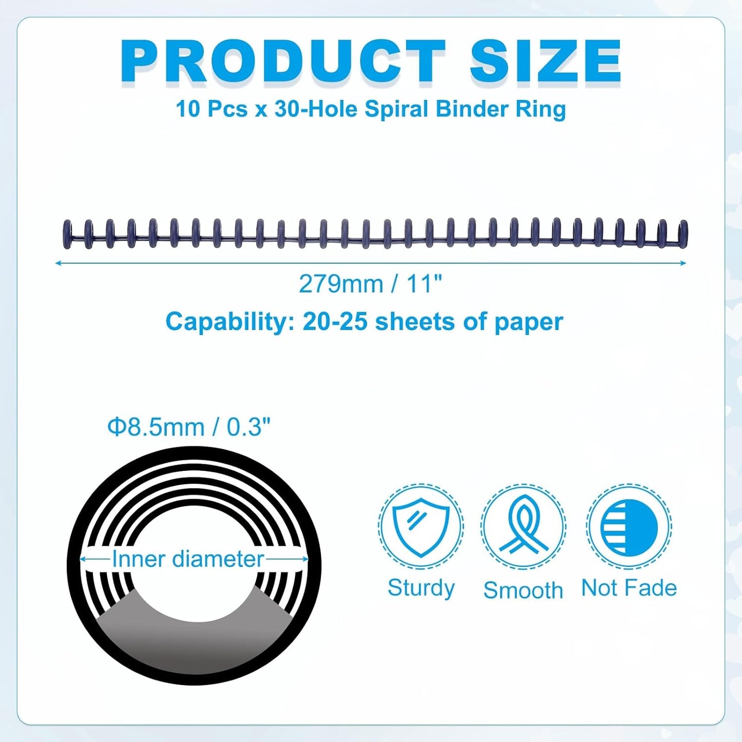PATIKIL 8.5mm(0.3") Spiral Binder Ring,10 Pcs 30 Rings 25 Sheet Capacity Comb Binding Spines for Binding Paper Sheets Notebook Calendar Picture Album, Dark Blue