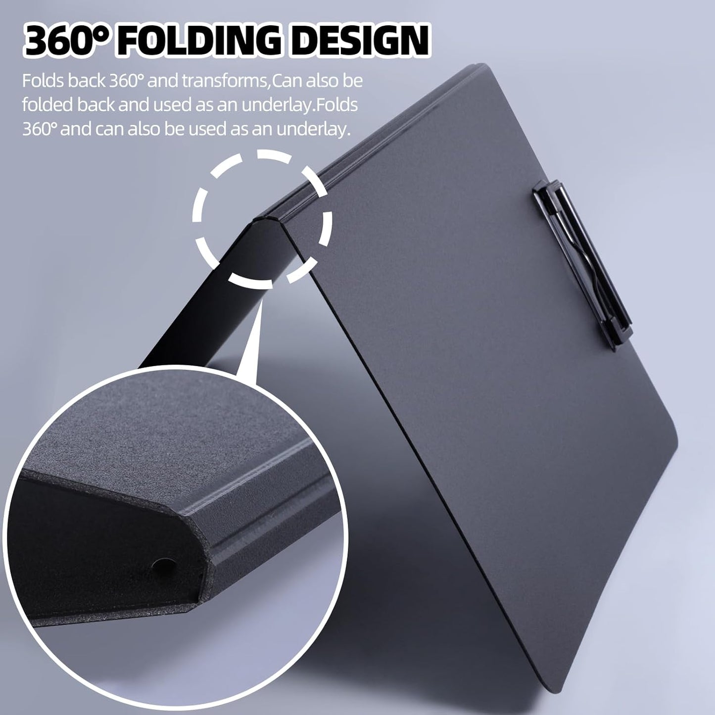 Clipboard Folder, A4 Foldable Clipboard with Horizontal and Vertical Double Metal Clips, 360 Degree Foldable Binder Clipboards with Pen Holder, File Cover Work Folder Clipboards, Black
