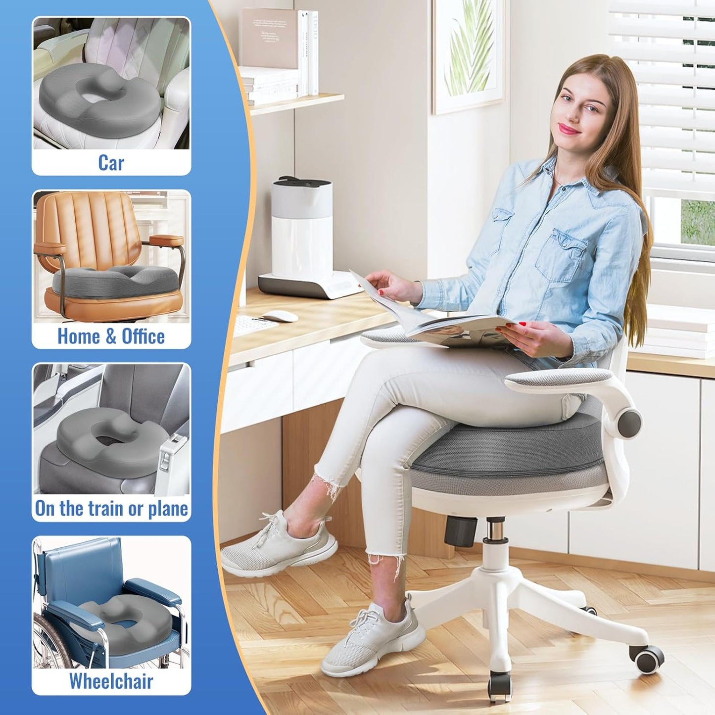 CloudBliss Donut Pillow Seat Cushion Chair Pad for Tailbone Pain Relief and Hemorrhoids, Memory Foam Seat Chair Cushion for Men and Women for Home & Office, (Light Grey)