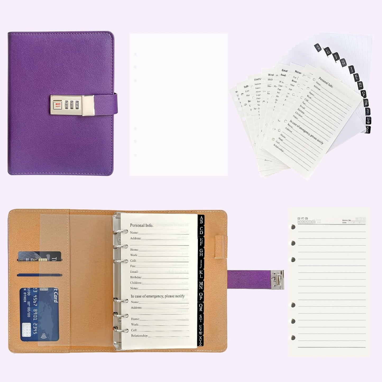 Refillable Password Book with Alphabetical Tabs & Lock, 7.5x5.5in, Hardcover Password Keeper Book of Internet Website, Password Notebook & Organizer for Home Office, w/Pockets, Purple