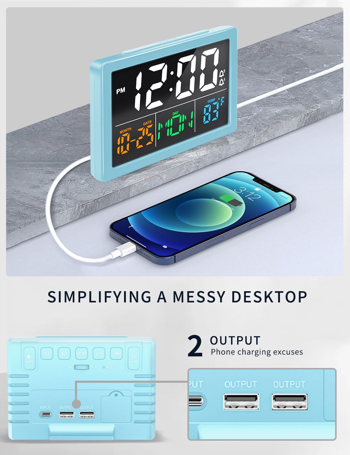 Digital Alarm Clock, with 5.5" Large LED Time Display, Adjustable Alarm Volume, 6 Level Brightness, Alarm Settings, USB Charger, Temperature Detect, Snooze, Clocks for Bedroom, Bedside, Desk, Blue