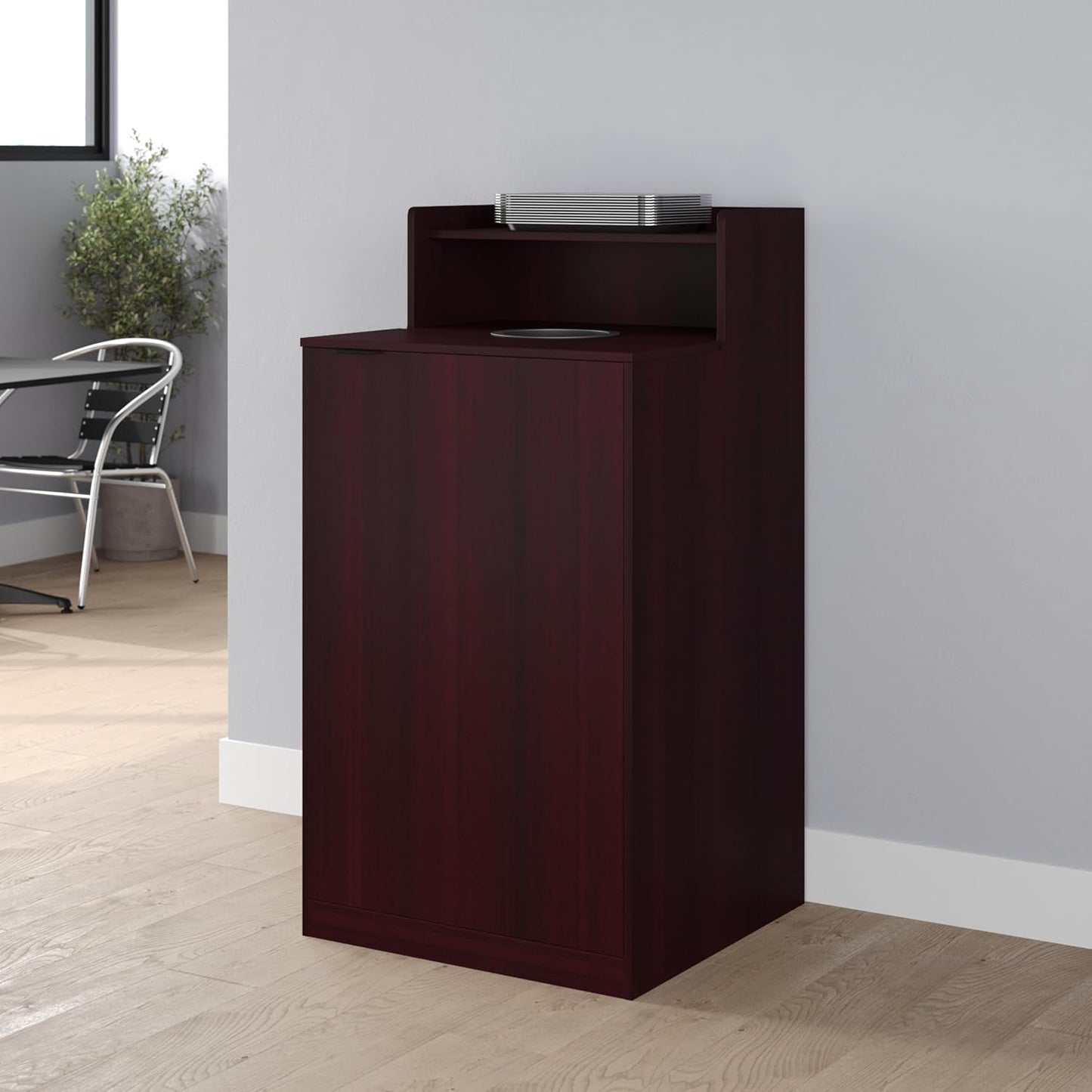 Flash Furniture Dell Trash Can Enclosure with Tray Shelf and 8" Drop Hole, Commercial Grade Trash Receptacle for 32 Gallon Round Cans, Swing Door Access, Mahogany