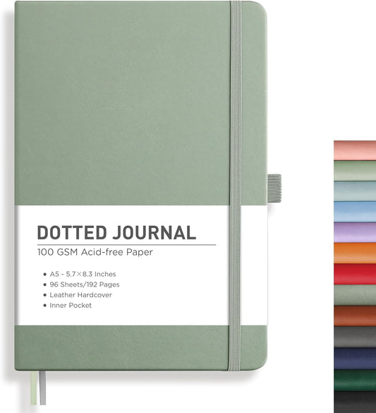RETTACY Bullet Dotted Journal Notebook, 192 Pages, A5 Medium Size (5.7'' x 8.3''), Leather Hardcover, 100 GSM Thick Paper, for Bullet Journaling, Planning, Tracking (Sage Green)