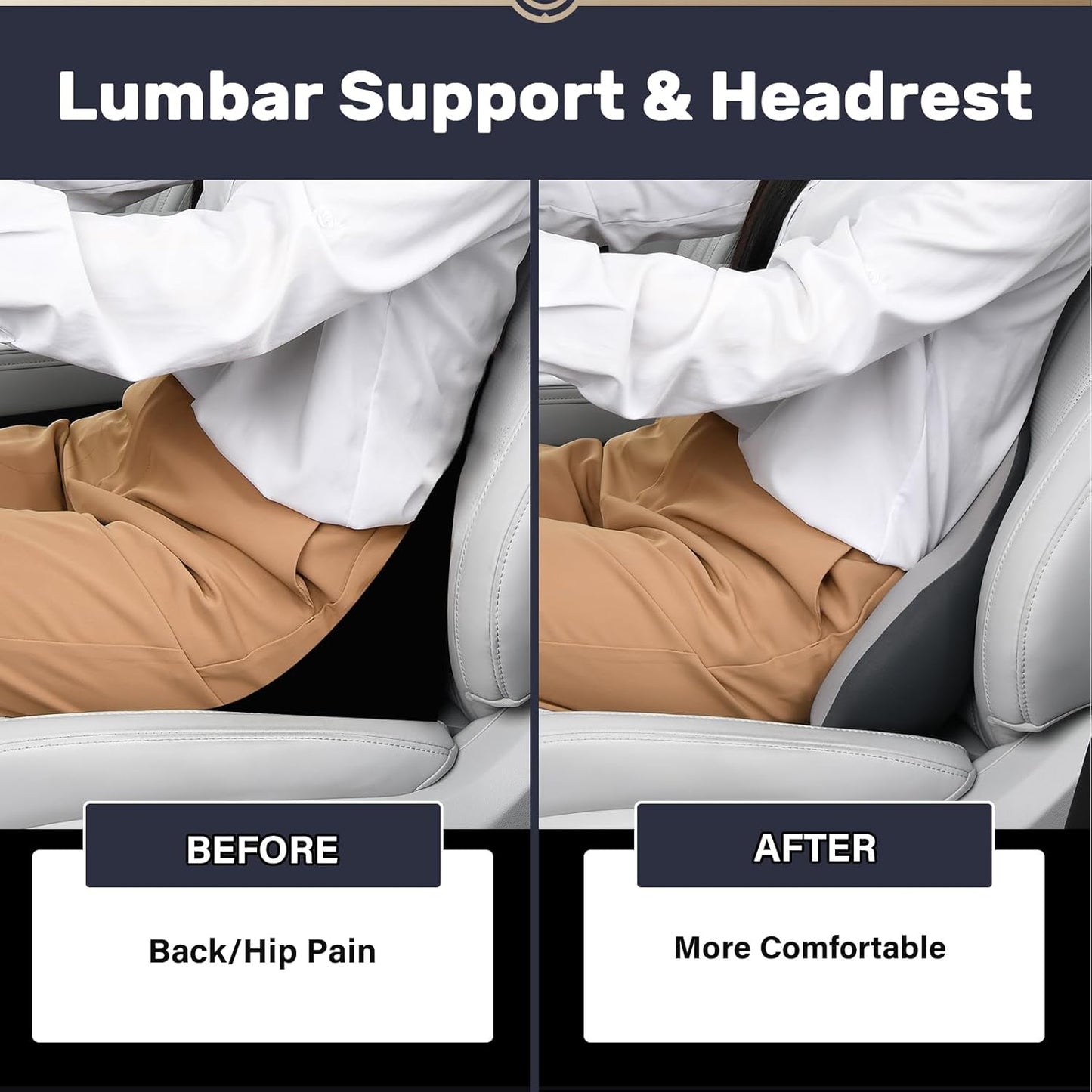 Coverado Lumbar Support and Car Neck Pillow, Ergonomic Memory Foam Desk Chair Cushion and Headrest Pillow for Car Office Chair, Sciatica & Neck & Tailbone Cushion-Black&Gray