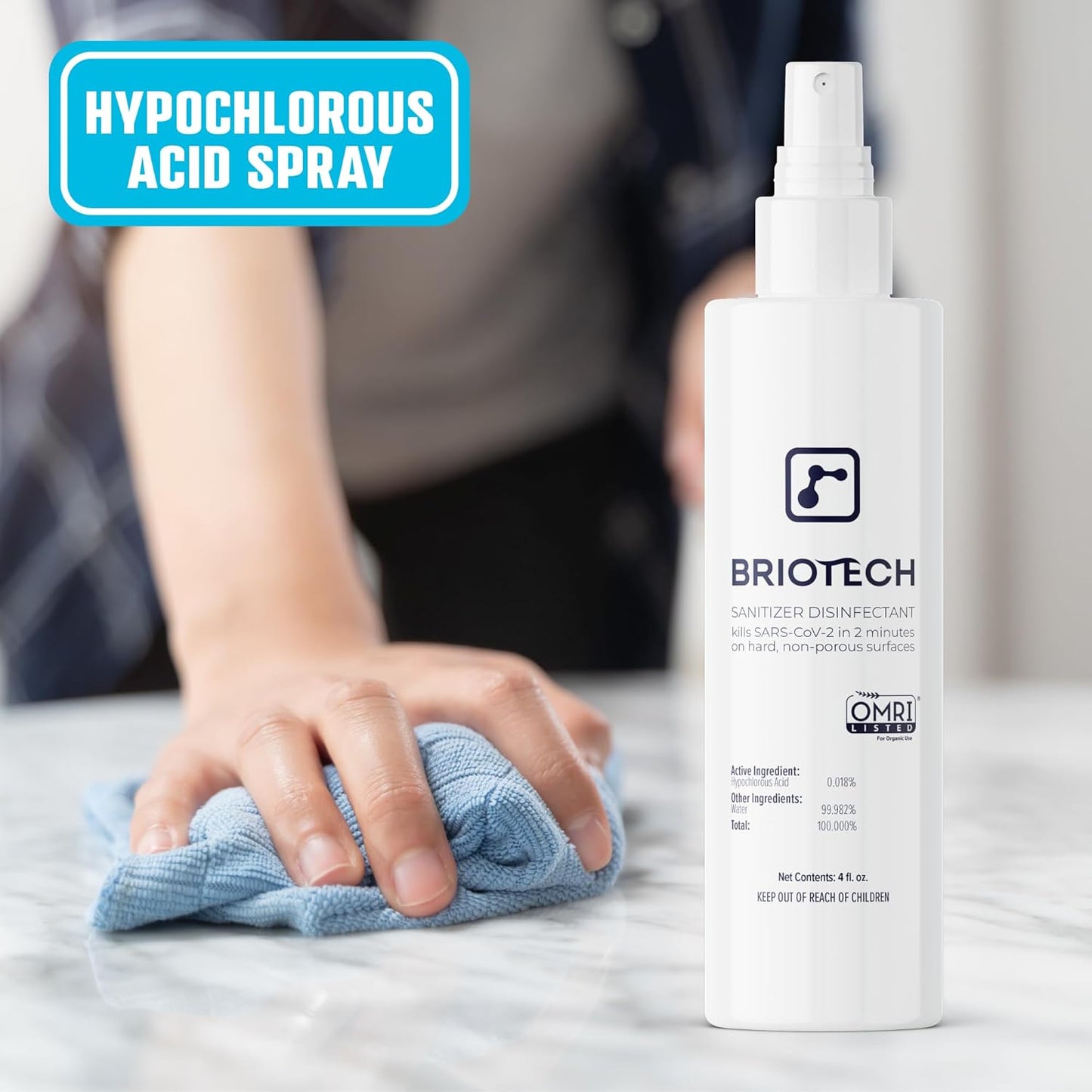 BRIOTECH Sanitizer Disinfectant Hypochlorous Spray, Kill 99.99% of Viruses & Bacteria, Control Mold, Eliminate Odor, Gentle for Nursery & Play Rooms, Food Contact Surface Sanitizer, 4 fl oz (2 Pack)