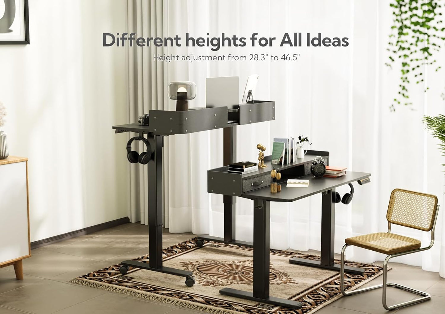 YDN Standing Desk with Drawers, 63 Inch Standing Desk Adjustable Height, Adjustable Electric Stand Up Sit Stand Small with Storage and Shelf, Black