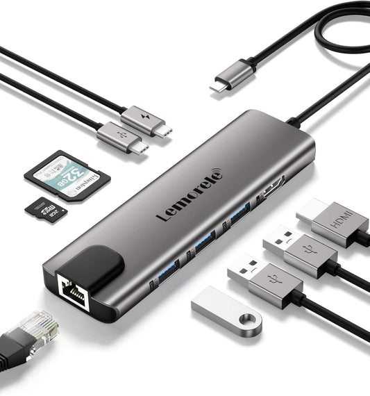 Lemorele USB C Hub Multiport Adapter 9 in 1 w/Gigabit Ethernet, 100W PD, HDMI 4K, 3 USB 2.0, 5Gbps USB C Data Port, SD/TF Card Reader, Dongle Docking Station for MacBook Lenovo HP Dell Laptops