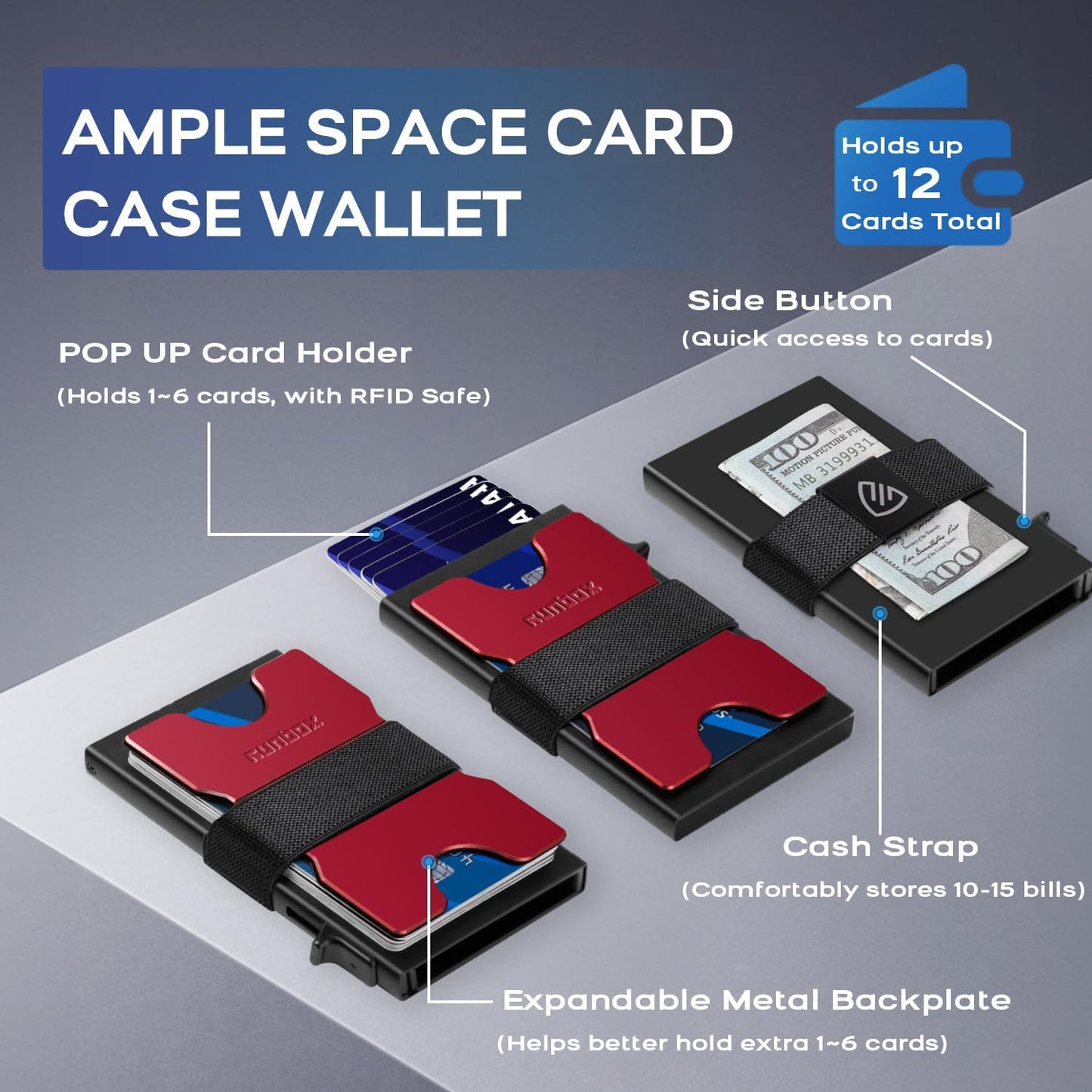 Slim Card Holder Wallet for Men, Minimalist RFID Blocking Wallet with Pop Up Function, Ultra-Thin Design, Metal Business Card Cases holds 12+ Cards, Gifts for Men, Men's Accessories