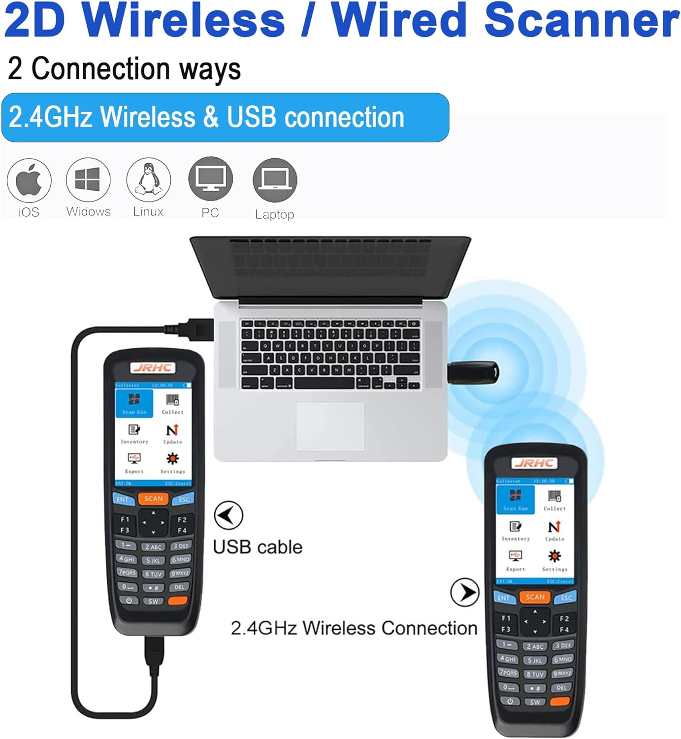 2D Wireless Barcode Scanner,JRHC Portable Inventory Scanner & Data Collector 2.4G Bar Code Reader Long Transmission Distance with 2.8 Inch LCD Screen for Warehouse,Library,Pharmacy,Supermarket,Store