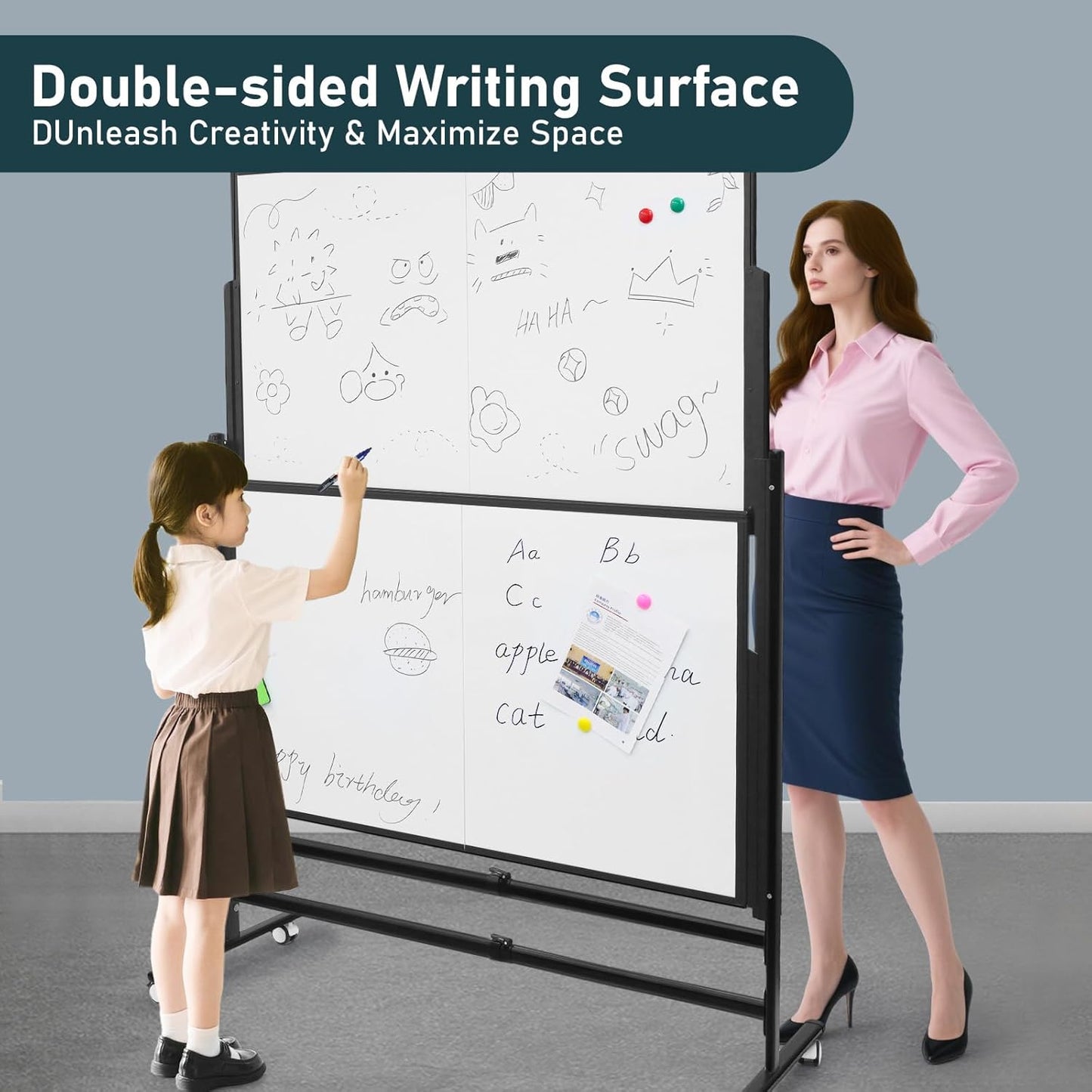 60x48 Inch Large Rolling Dry Erase Whiteboard | Height Adjustable Standing Easel with Wheels | Magnetic Double-Sided Board for Office, Home & Classroom | Teaching Supplies