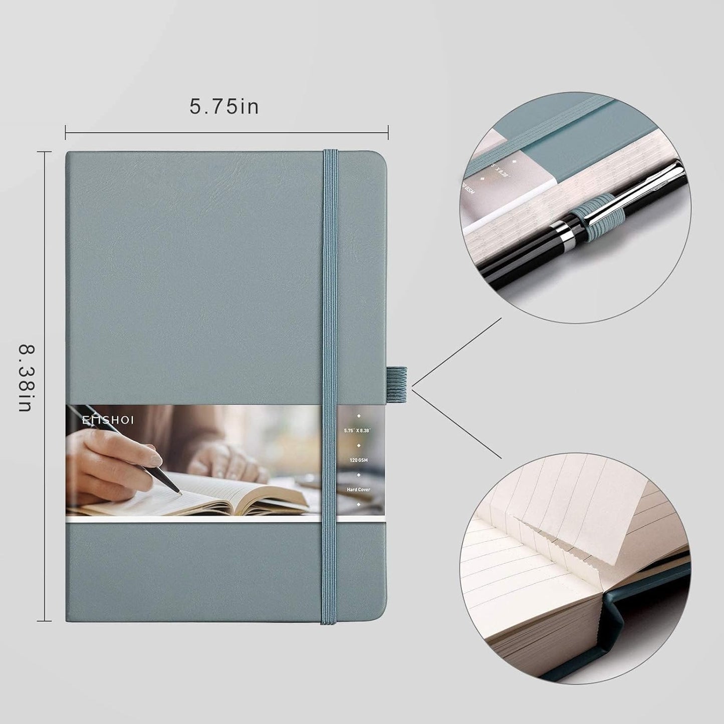 EMSHOI Notebook College Ruled - 256 Numbered Pages, 120 Gsm Thick Paper, A5 Hardcover Leather Lined Journal for Men & Women Work School Journaling Writing Diary 5.7" X 8.3"(GrayBlue)