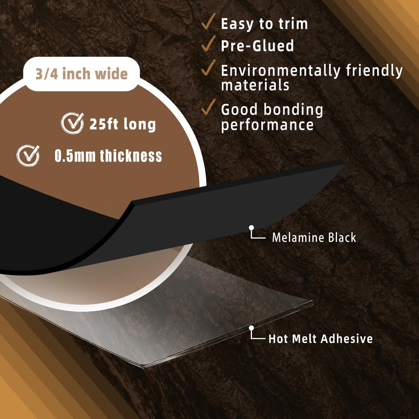 GSCIT Club Black Edge Banding, 3/4 inch x 25ft Melamine Edge Banding with Hot Melt Adhesive Pre-glued Edge Banding Flexible Edging for Plywood Cabinet Furniture