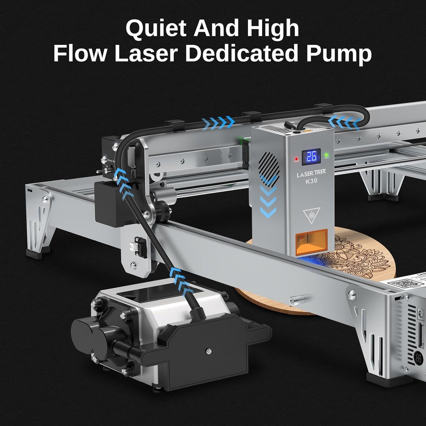 LASER TREE Air Assist for Laser Cutter and Engraver, Adjustable Max 26 L/Min Airflow Air Assist Pump, Reduce Burn Marks, Protect Laser Module Lens, Smooth Edge Clean Cuts, Remove Smoke and Dust