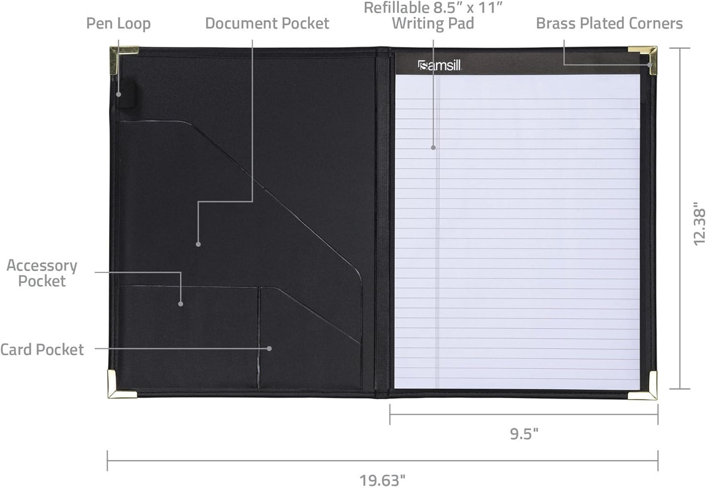 Samsill Classic Collection Business Portfolio - Executive Padfolio for Resume & Document Organizer - 8.5 by 11-Inch Legal Pad, Faux Leather with Brass Corners (Black)