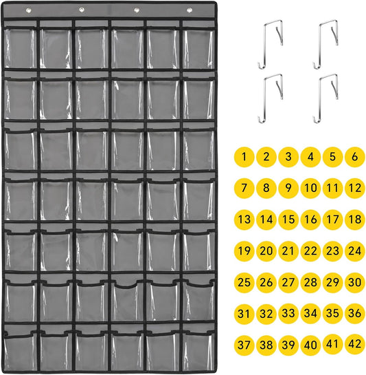 42 Pocket Classroom Pocket Chart for Cell Phones and Calculator,Clear Cellphone Pocket Chart for Classroom with Number Sticker and Hooks (Grey-42 Pockets)