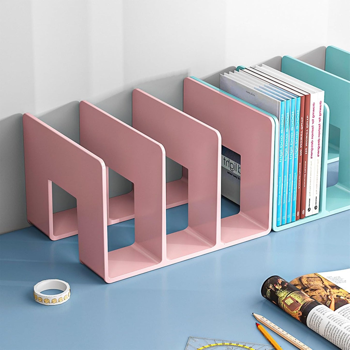 2PCS Acrylic File Organizer for Desk, Desktop Document/Mail Organizer, 4 Compartments Plastics Invisible Bookshelf Floating (12.5" x 5.7" x 5", Pink)
