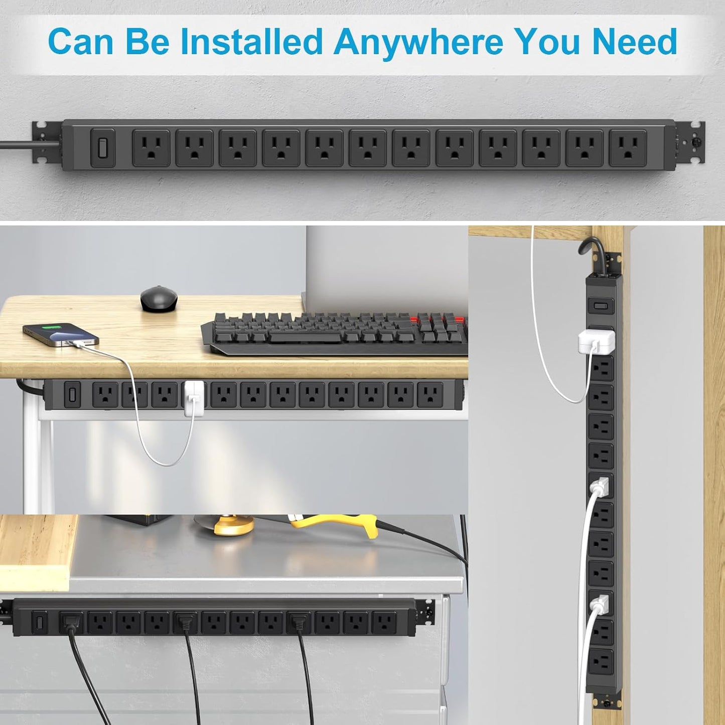 HHSOET 360° Rotating 12 Outlet Mountable Power Strip, Metal Gaming Table Mounted Outlet Strip, Heavy Duty Wall Mount Surge Protector with Switch, Works Great and Very Versatile, 10ft Power Cord.Black
