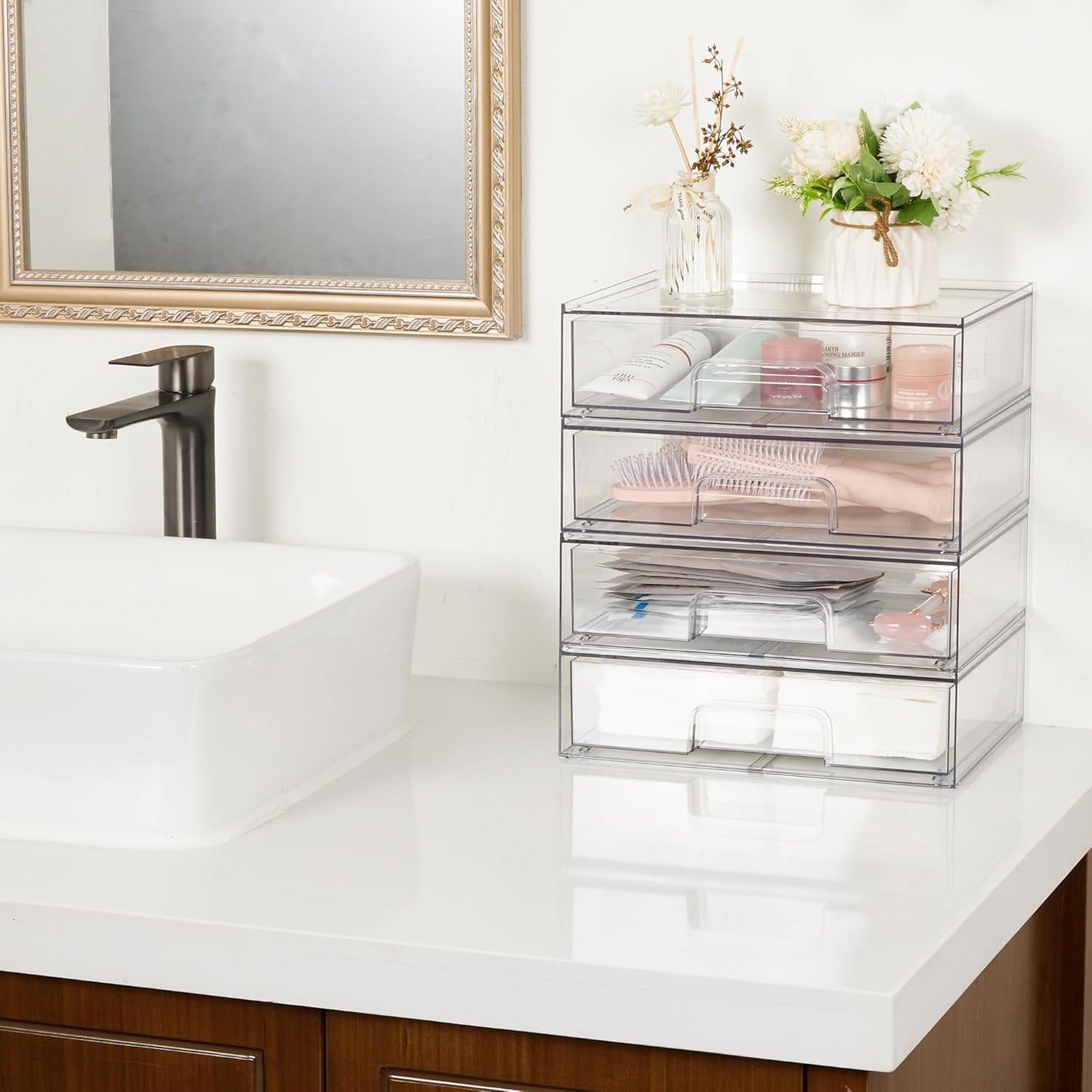 Vtopmart 12.1''W Clear Stackable Storage Drawers,6 Pack Acrylic Plastic Organizers Bins for Makeup Palettes, Cosmetics, and Beauty Supplies,Ideal for Vanity, Bathroom,Cabinet,Desk Organization