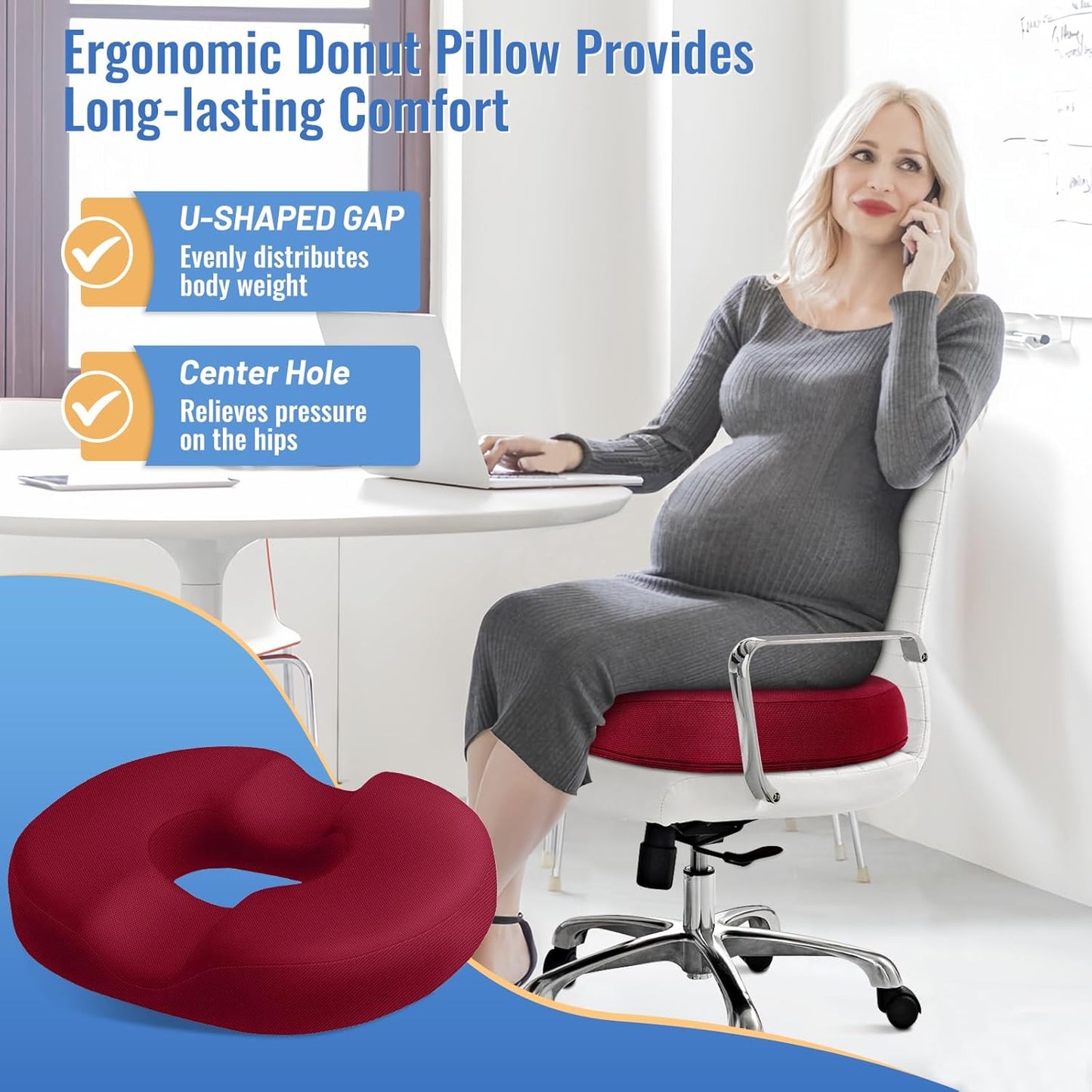 CloudBliss Donut Pillow Seat Cushion Chair Pad for Tailbone Pain Relief and Hemorrhoids, Memory Foam Seat Chair Cushion for Men and Women for Home & Office, (Red)