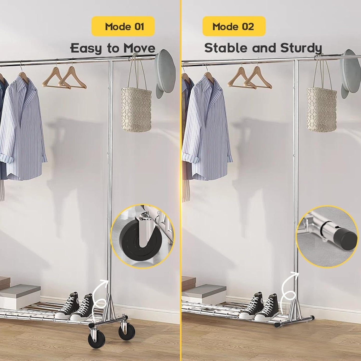 Clothing Garment Rack Capacity 550LBS Rolling Clothes Rack on Wheels - Heavy Duty Collapsible Commercial Storage Organizer - Mobile Clothes Rack with Multifunctional Design (Silver)