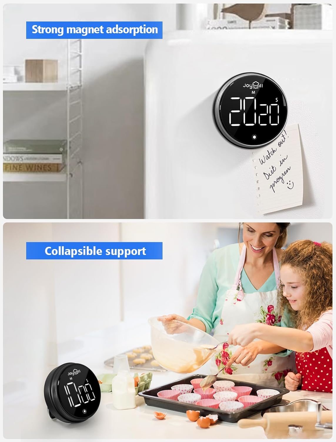 JOYHILL Digital Kitchen Timer, Large LED Display with Magnetic Countdown 3 Volume Levels, Ideal for Cooking Classroom Studying Fitness, Timer for Kids and Seniors Red