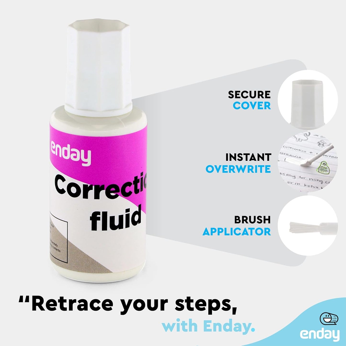 Enday White Out Liquid Correction Fluid, 7 fl. Oz. / 20 ml Foam Wand Applicator Quick Dry Liquid Paper Whiteout, Multi-Purpose Smooth Wite Out Corrector for Office, and Home, 4 Pack