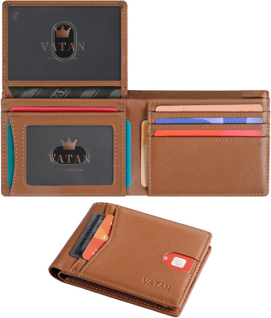 VATAN Wallet for Men, Mens Minimalist Wallet Credit Card Holder, Slim Leather Rfid 2 ID Window Large Capacity With Gift Box (Cross Grain Brown)
