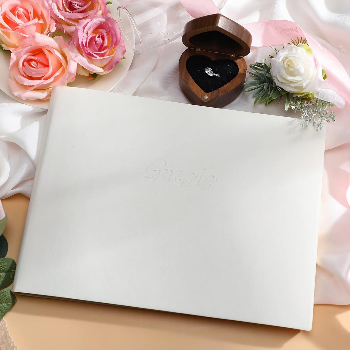 Leather Guest Book and Pen Stand Set, 10.5" x 8" Embossed Guests Sign in Book Registry Book for Funeral, Wedding Reception, Vacation Homes and Events, 80 Sheets (White)