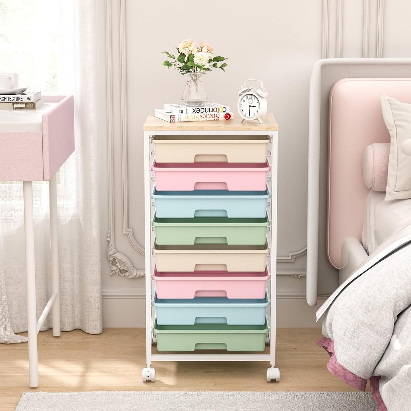 Rolling Storage Cart with Drawers,Utility Cart With 8 Drawers and Wooden Tabletop,Rolling Drawer Cart,Storage Drawer Cart for Living Room,Classroom,Bedroom,Bathroom,Dorm,Office,Rainbow