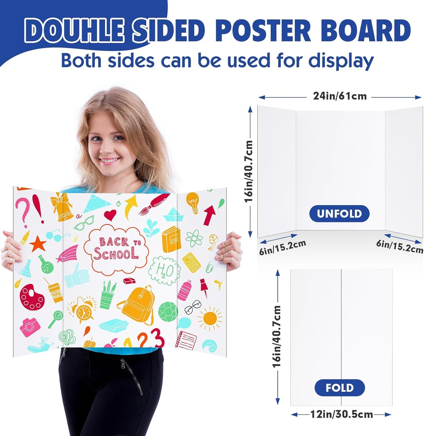 Trifold Poster Board,24 Pack 24" x 16" White Corrugated Poster Boards,Display Board,Perfect for School Projects, Science Fairs, Event Displays, and Business Presentations