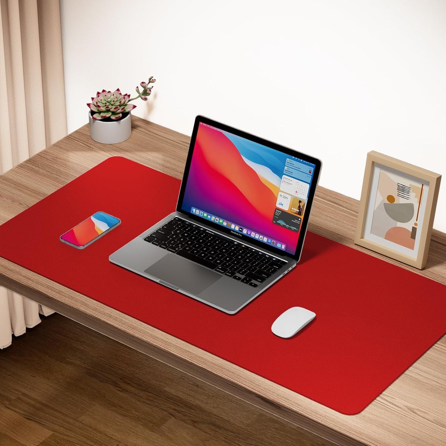 Boutilon Leather Desk Pad Protector,Non-Slip Mouse Pad,Laptop Desk Pad,Office Mouse Mat,Waterproof Leather Desk Blotter,Desk Writing Pad for Office and Home (M-Red,30"x14")