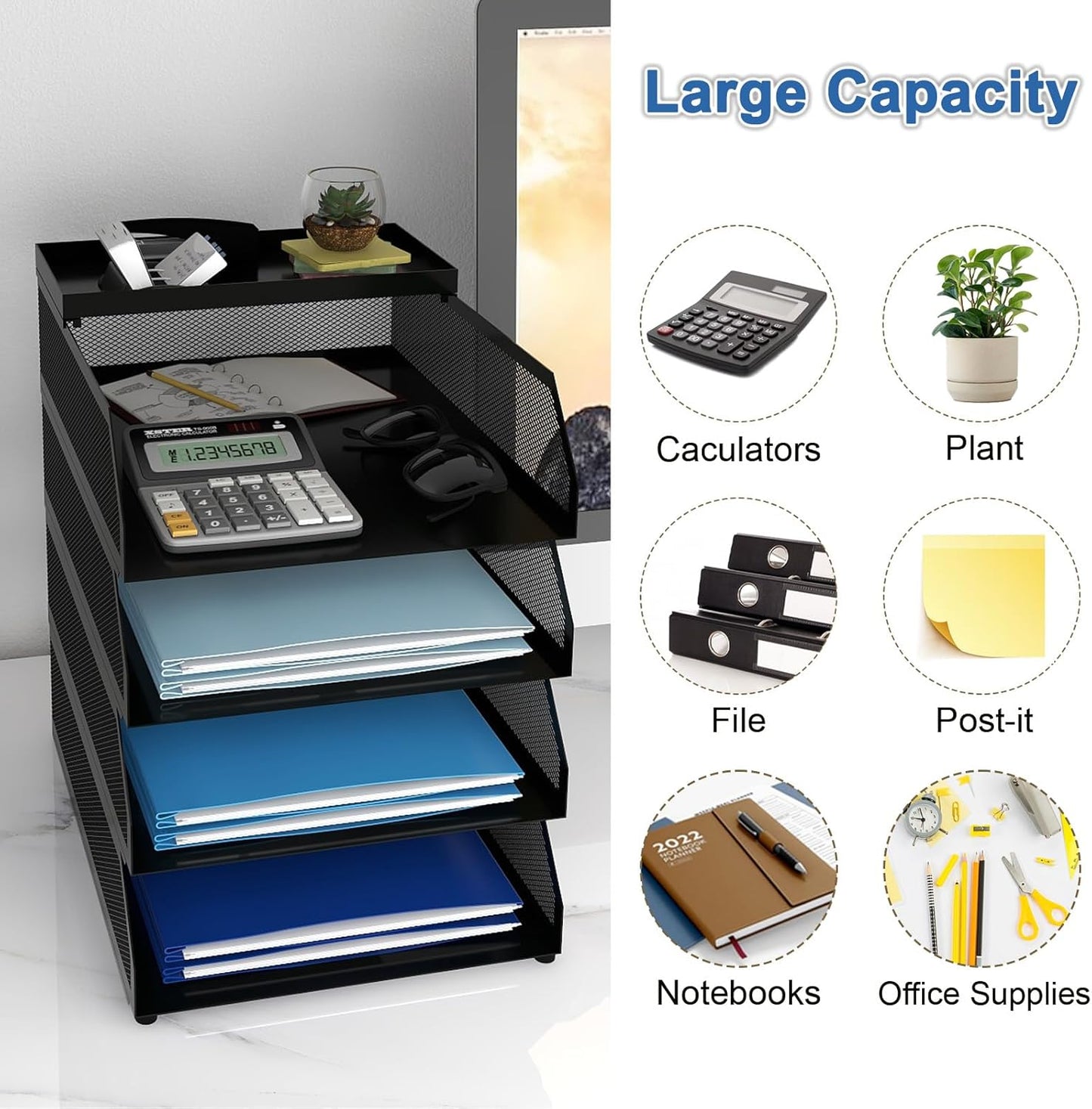 Natwind 4-Tier Stackable Paper Tray, Metal Mesh Desktop Organizer, Paper Sorter, Letter Trays,File Document Storage Rack for for Home, Office, School (Black)