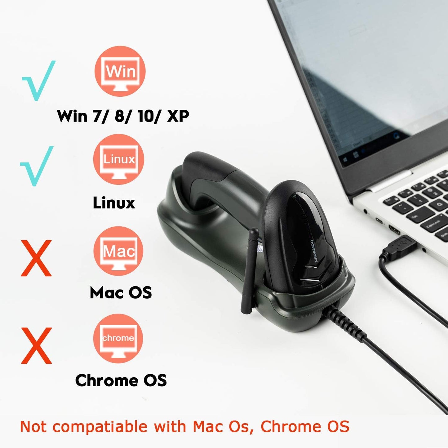 NADAMOO Wireless Barcode Scanner with USB Cradle Charging Base 328Ft Long Transmission Handheld 1D Cordless Laser Barcode Reader Portable Bar Code Scanning for Retail Supermaket Warehouse